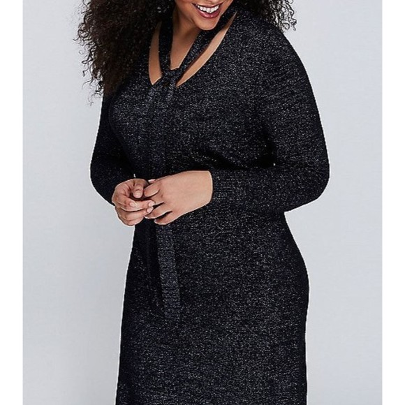 Lane Bryant Womens Sweater Dress 22/24 Metallic Sparkle Blue Tie Neck Career New - Picture 10 of 11